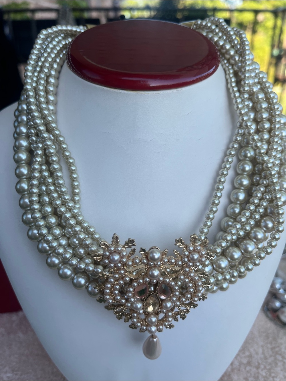Multi-Strand Pearl Statement Necklace with Gold-tone Filigree